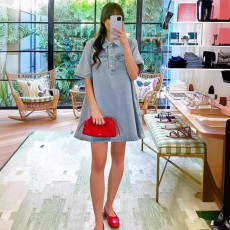 SC Washed Short Sleeve Denim Loose Mini Dress GLYK-LX053