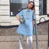 SC Washed Short Sleeve Denim Loose Mini Dress GLYK-LX053