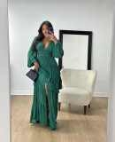 SC Patchwork Long Sleeve V Neck Maxi Dress GLYK-LX067
