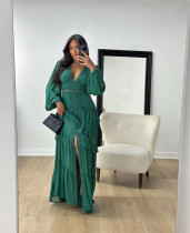 SC Patchwork Long Sleeve V Neck Maxi Dress GLYK-LX067