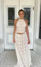 SC Off Shoulder Halterneck Lace Pleated Long Skirt Suit GLYK-LX005