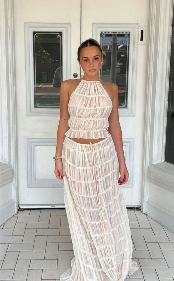 SC Off Shoulder Halterneck Lace Pleated Long Skirt Suit GLYK-LX005