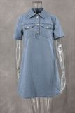 SC Washed Short Sleeve Denim Loose Mini Dress GLYK-LX053