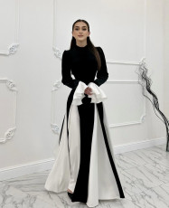 SC Black White Contast Color Ruffles Sleeve Maxi Dress GLYK-LX0105
