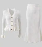 SC Ruffles V Neck Little Fishtail Skirt Two Piece Set GLYK-LX0100