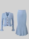 SC Ruffles V Neck Little Fishtail Skirt Two Piece Set GLYK-LX0100