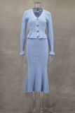 SC Ruffles V Neck Little Fishtail Skirt Two Piece Set GLYK-LX0100