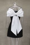 SC Off Shoulder Contrast Color Bow Tie Dress GLYK-LX0114