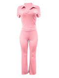 SC Lapel Short Sleeve Solid Color Pants Suit QY-S391114