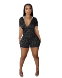 SC Leopard Print Zipper Hooded Two Piece Shorts Set QXLB-10125