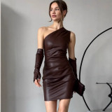 SC Slash Neck PU Leather Mini Dress GPBY-17189