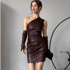 SC Slash Neck PU Leather Mini Dress GPBY-17189