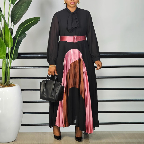SC Plus Size Color Block Press Pleated Maxi Dress GCZF-8623