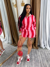 SC Stripe Lapel Neck High Waist Shrot 2 Piece Set SFY-686