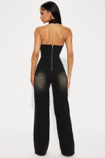 SC Denim Halterneck Washed Loose Jumpsuit LX-6992