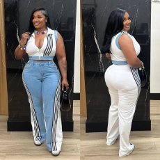 SC Casual Webbing Loose Spliced Denim Wide Leg Pants Set TR-1323