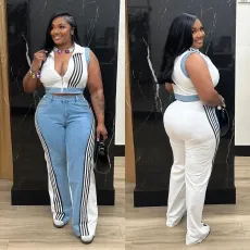 SC Casual Webbing Loose Spliced Denim Wide Leg Pants Set TR-1323