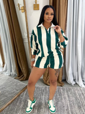 SC Stripe Lapel Neck High Waist Shrot 2 Piece Set SFY-686