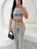 SC Letter Print Crop Tops And Pants Two Piece Set GYZY-8953