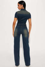 SC Fashion Denim Single-breasted Short Sleeve Jumpsuit BLX-6994