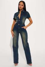 SC Fashion Denim Single-breasted Short Sleeve Jumpsuit BLX-6994