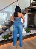 SC One Shoulder Patchwork Wide Leg Denim Jumpsuit LX-6995