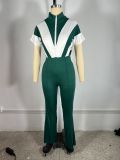 SC Lapel Zipper Patchwork Micro Flare Jumpsuit TE-4734