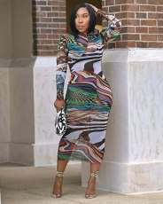SC Long Sleeve Print O Neck Midi Dress QOUY-6057