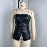 SC Sexy Single-breasted PU Leather Tank Tops GPBY-17143