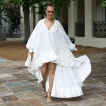 SC Plus Size Loose Front Short Back Length Lantern Sleeve Long Dress NY-11017