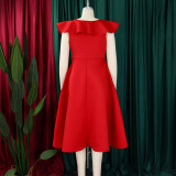 SC Plus Size V Neck Ruffles Big Swing Midi Dress GATE-565