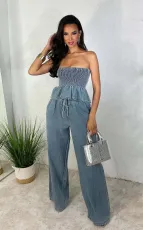 SC Sexy Wrap Chest Ruffled top +Pants Demim Suit GZCF-30019