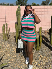 SC Stripe Contrast Color Crop Tops And Skirt Suit SFY-683