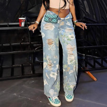 SC Floral Graffiti Print Holes Loose Jeans GSMJ-6981