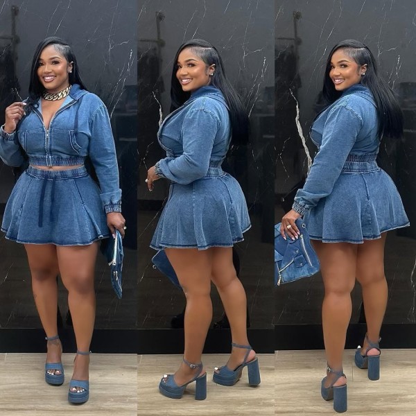 SC Casual Washed Denim Zipper Skirt Suit TR-1325