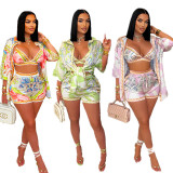 SC Printed Beach Swimsuit Wrap Shirt Shorts 3 Piece Set GDIM-2509