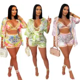 SC Printed Beach Swimsuit Wrap Shirt Shorts 3 Piece Set GDIM-2509