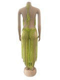 SC Solid Color Halterneck Tassel Dress OSM-4355