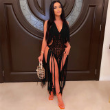 SC Solid Color Halterneck Tassel Dress OSM-4355