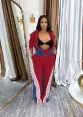 SC Color Block Zipper Sport Two Piece Pants Set TE-4736