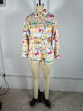 SC Print Long Sleeve Shirt Two Piece Short Set TE-4732