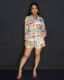 SC Print Long Sleeve Shirt Two Piece Short Set TE-4732
