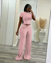 SC Solid Color Short Sleeve Tops Wide Leg Pants Suit QXLB-10129