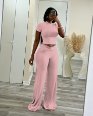 SC Solid Color Short Sleeve Tops Wide Leg Pants Suit QXLB-10129