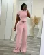 SC Solid Color Short Sleeve Tops Wide Leg Pants Suit QXLB-10129