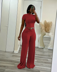 SC Solid Color Short Sleeve Tops Wide Leg Pants Suit QXLB-10129