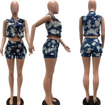 SC Multi-Pocket Inked Print Shorts Denim 2 Piece Set TK-6339