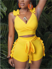 SC Ruffle V Neck Backless Two Piece Shorts Set MDF-5652