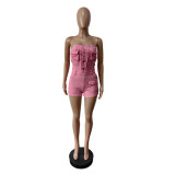 SC Solid Color Wrap Chest Denim Romper MEM-88636
