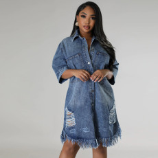SC Plus Size Fashion Denim Holes Tassel Midi Dress GDAM-218680
